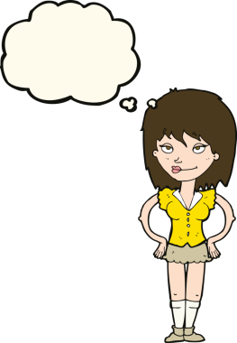 Bir insan tarafından çizilmiş düşünce baloncuğu olan elleri kalçasında çizgi film kadını.