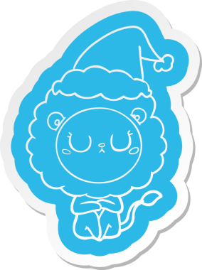 Bir insan tarafından çizilmiş Noel Baba şapkası takan bir aslanın garip karikatür çıkartması.