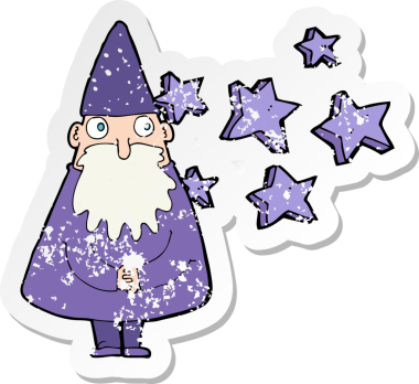 Bir insan tarafından çizilmiş bir çizgi film sihirbazının gerilimli çıkartması.