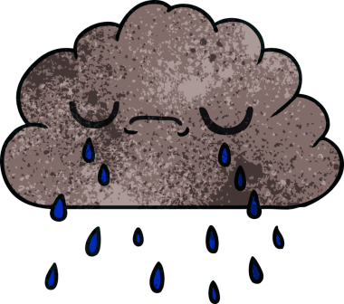 Bir insan tarafından çizilmiş, el yazısıyla çizilmiş şirin, ağlayan bulut karikatürü.