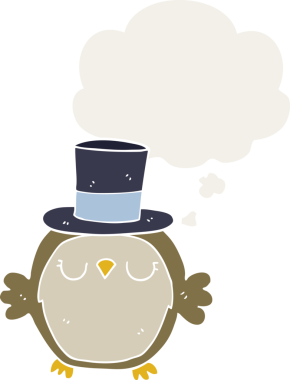 Düşünce baloncuğu olan silindir şapka takan bir baykuş insan tarafından çizilmiş.