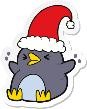 Bir insan tarafından çizilmiş Noel şapkası takan penguen karikatürü çıkartması.
