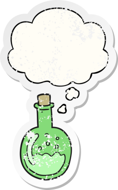 Düşünce baloncuğu olan karikatür iksiri insan tarafından çizilmiş yıpranmış bir çıkartma.