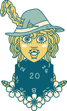 Retro Dövme Biçimi Yarı Ork Ozanı Bir insan tarafından çizilmiş 20 zar ile