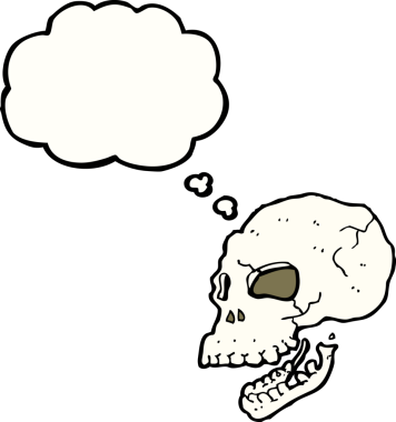 Bir insan tarafından çizilmiş düşünce baloncuklu garip kafatası.