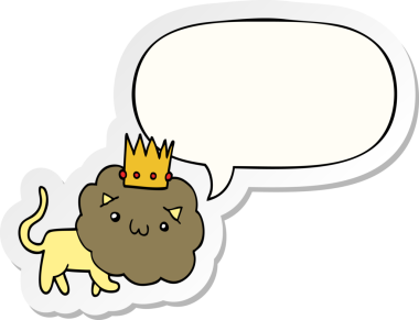 Bir insan tarafından çizilmiş konuşma kabarcığı etiketli, taçlı çizgi film aslanı.