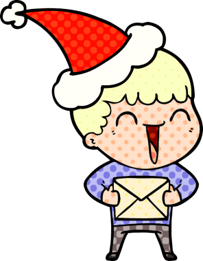 Bir insan tarafından çizilmiş Noel Baba şapkası giyen mutlu bir adamın el çizimi çizgi roman tasviri.