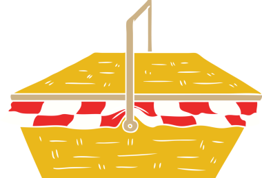 Bir insan tarafından çizilmiş düz renkli çizgi film piknik sepeti.