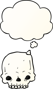 Bir insan tarafından çizilmiş, düşünce baloncuklu, karikatürlü, ürkütücü kafatası.