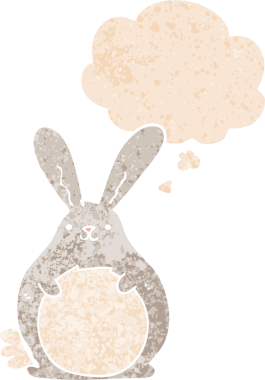 Düşünce baloncuklu çizgi film tavşanı grunge dertli eski moda bir insan tarafından çizilmiş.