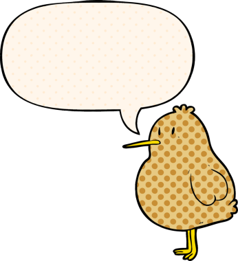 Bir insan tarafından çizilmiş çizgi roman tarzında konuşma baloncuğu olan tatlı bir kivi kuşu.