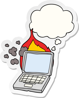Bir insan tarafından çizilmiş, düşünce baloncuklu çizgi film bozuk dizüstü bilgisayar.