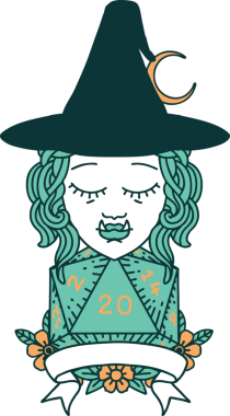 Retro Dövme Biçimi Bir insan tarafından çizilmiş doğal 20 zarlı yarı ork cadı karakteri