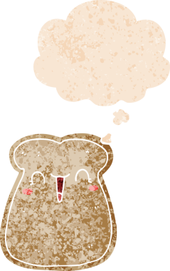 Komik bir tost dilimi. Düşünce baloncuğu ve grunge dertli eski moda bir insan tarafından çizilmiş.