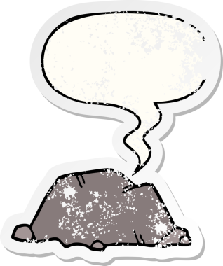 Konuşma baloncuğu olan karikatür rock 'ı bir insan tarafından çizilmiş sıkıntılı eski bir çıkartma