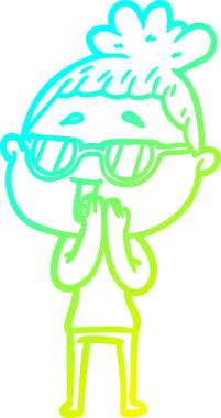 Bir insan tarafından çizilmiş gözlük takan mutlu bir kadının çizgi film çizimi.