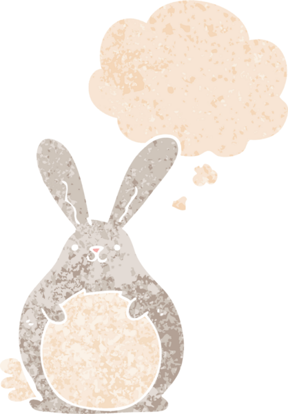 Düşünce baloncuklu çizgi film tavşanı grunge dertli eski moda bir insan tarafından çizilmiş.