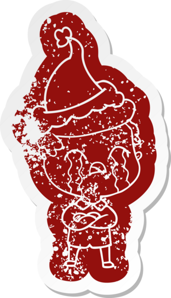 Garip bir çizgi film. Ağlayan bir adamın çıkartması. Bir insan tarafından çizilmiş Noel Baba şapkasıyla.