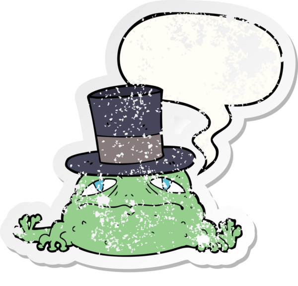 Konuşma balonu olan zengin kurbağa çizgi film karakteri bir insan tarafından çizilmiş sıkıntılı eski bir çıkartma