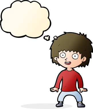 Bir insan tarafından çizilmiş düşünce baloncuğu olan heyecanlı çocuk.