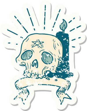 Bir insan tarafından çizilmiş eski dövme stili ürkütücü kafatası ve mum.