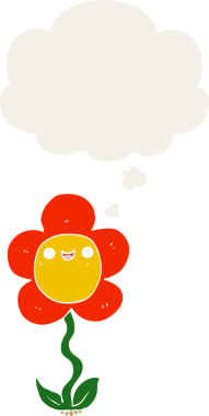 Düşünce baloncuğu olan karikatür çiçeği insan tarafından çizilmiş.