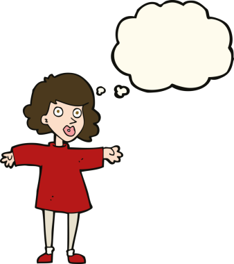 Bir insan tarafından çizilmiş düşünce kabarcığı olan karikatürlü sinirli kadın.