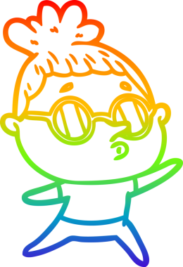 Gökkuşağı gradyan çizgi çizimi bir insan tarafından çizilmiş gözlük takan bir kadın.