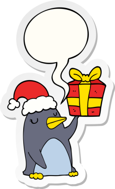 Bir insan tarafından çizilmiş konuşma baloncuğu çıkartmasıyla birlikte noel hediyesi olan penguen çizgi filmi.