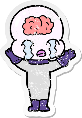 Bir çizgi filmin sıkıntılı çıkartması. Bir insan tarafından çizilmiş büyük beyinli uzaylı ağlaması.