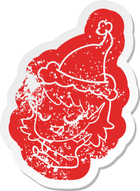 Mutlu çizgi film, insan tarafından çizilmiş Noel Baba şapkası takan elf bir kızın hüzünlü çıkartması.