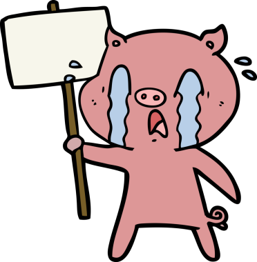 Bir insan tarafından çizilmiş protesto işareti olan ağlayan domuz çizgi filmi