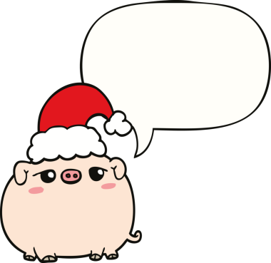 Bir insan tarafından çizilmiş konuşma balonlu Noel şapkası takan bir domuz.