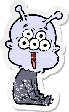 Bir insan tarafından çizilmiş mutlu çizgi film uzaylısının sıkıntılı çıkartması.