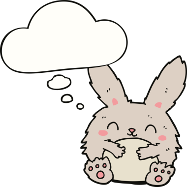 Bir insan tarafından çizilmiş düşünce kabarcığı olan sevimli çizgi film tavşanı.
