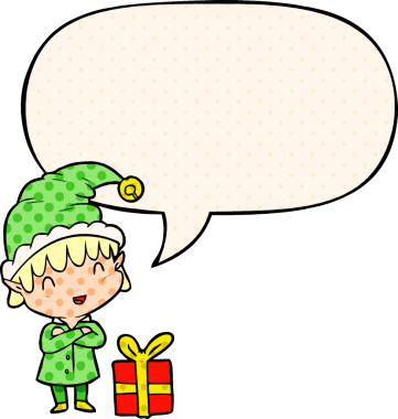 Çizgi roman tarzında bir insan tarafından çizilmiş bir konuşma balonuyla mutlu noel elfi