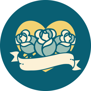 İkonik dövme stili bir kalp ve bir insan tarafından çizilmiş çiçekli pankart.