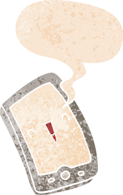 Bir insan tarafından çizilmiş grunge sıkıntılı retro desenli konuşma baloncuklu sevimli çizgi film cep telefonu