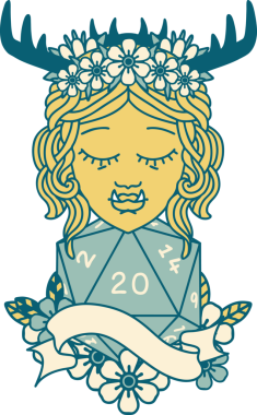 Retro Dövme Biçimi Yarı Ork Druid karakteri Bir insan tarafından çizilmiş doğal 20 zar ile