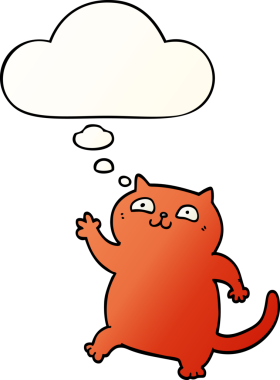 Bir insan tarafından çizilmiş yumuşak eğimli düşünce baloncuklu çizgi film kedisi.