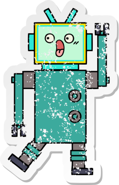 Bir insan tarafından çizilmiş sevimli bir robot çizgi film çıkartması.