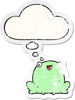 Düşünce baloncuğu olan karikatür kurbağası insan tarafından çizilmiş yıpranmış bir çıkartma.