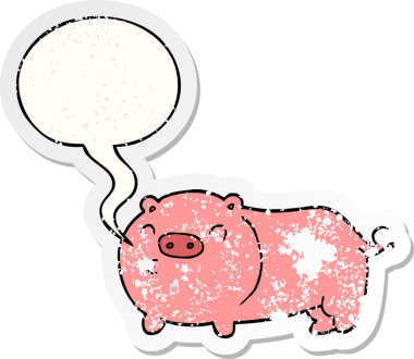 Konuşma baloncuğu olan çizgi film domuzu bir insan tarafından çizilmiş sıkıntılı eski bir çıkartma