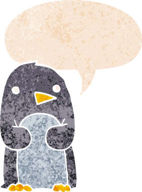 grunge 'da konuşma balonu olan karikatür pengueni bir insan tarafından çizilmiş tedirgin geçmiş dokulara sahip.