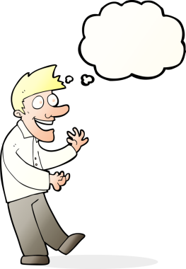 Bir insan tarafından çizilmiş düşünce baloncuğu ile heyecanlı bir adam.