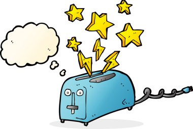 Bir insan tarafından çizilmiş düşünce baloncuklu kıvılcımlı çizgi film tost makinesi.