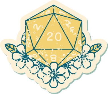 Retro Dövme Biçimi Doğal 20 D20 zar bir insan tarafından çizilmiş çiçek elementleriyle