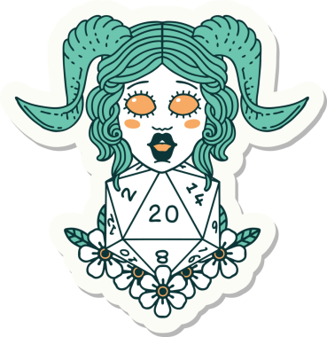 Bir insan tarafından çizilmiş doğal yirmi zarla yapıştırılmış bir etiket.