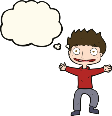 Bir insan tarafından çizilmiş düşünce balonlu sırıtan çocuk.