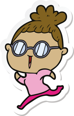 Bir insan tarafından çizilmiş gözlüklü bir karikatür kadının çıkartması.